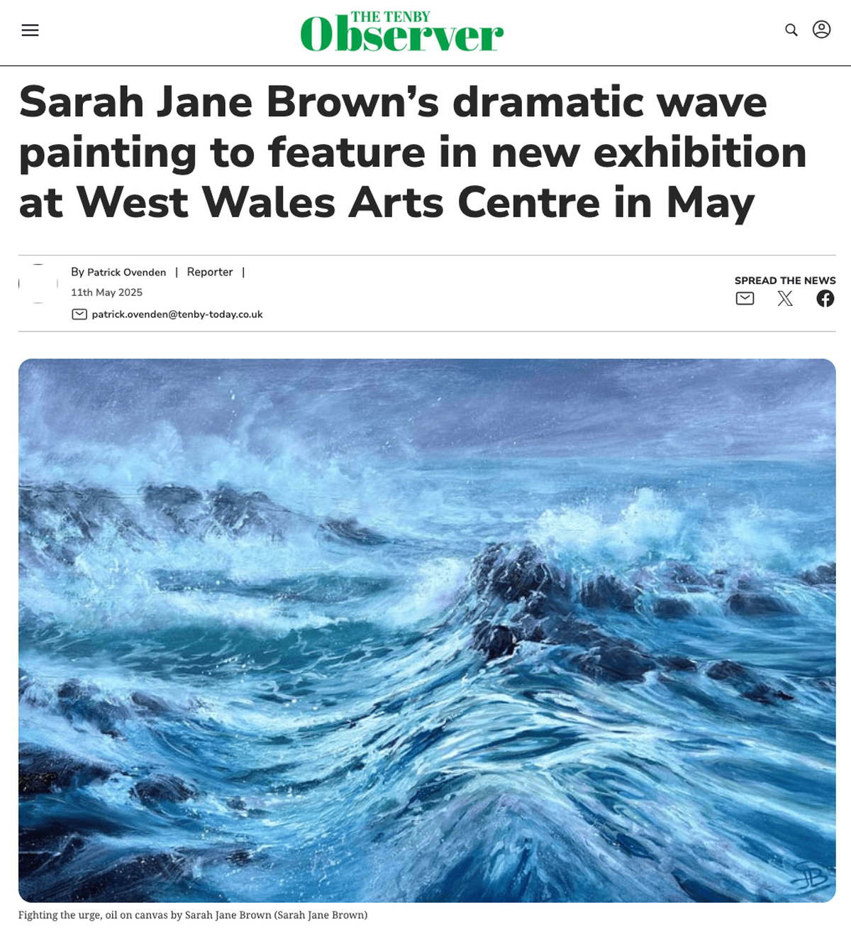 Featured in Tenby Observer: Sarah Jane Brown work to feature in new exhibition launching Pembrokeshire Art Trail