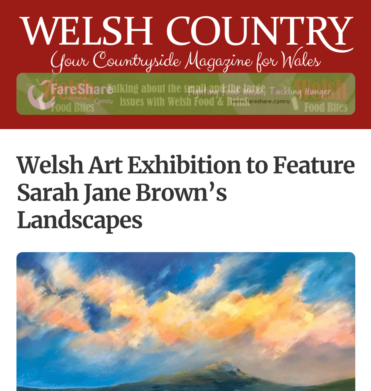 Featured in Welsh Country Magazine: Welsh Art Exhibition to Feature Sarah Jane Brown’s Landscapes