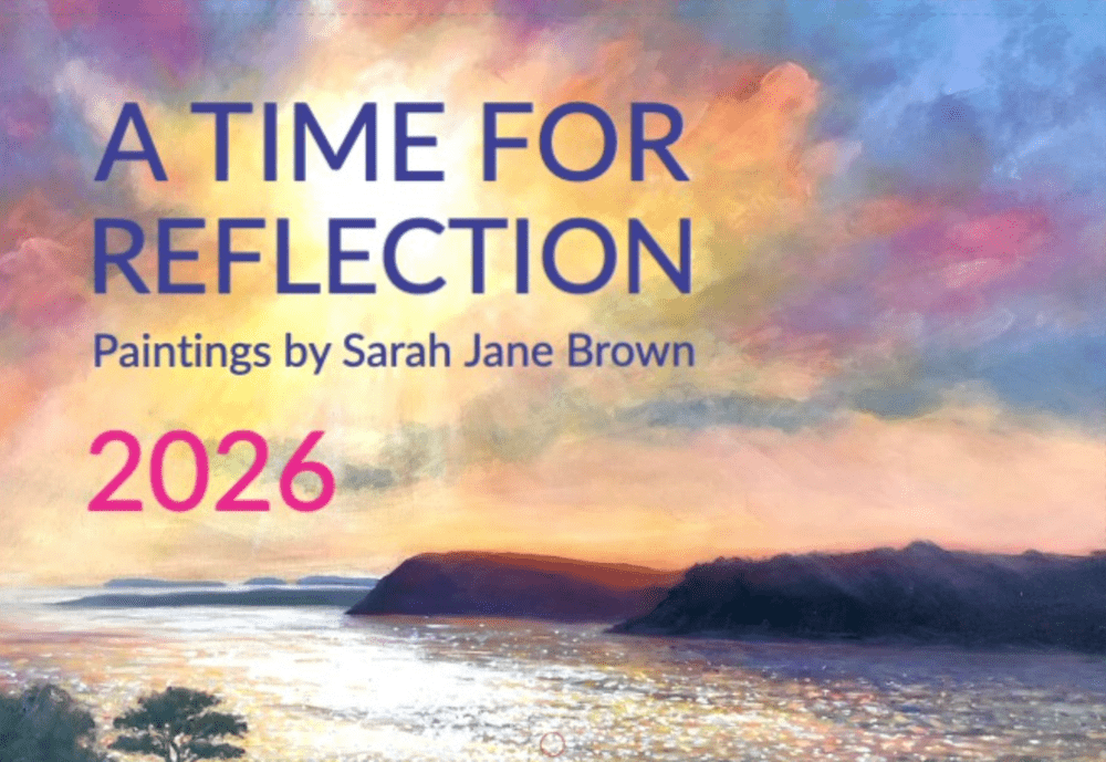 2026 calendar cover with a painting of a coastal scene and 'A Time for Reflection' text.