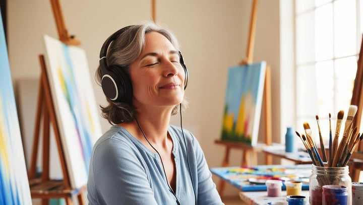 Relaxed artist wearing headphones in art studio